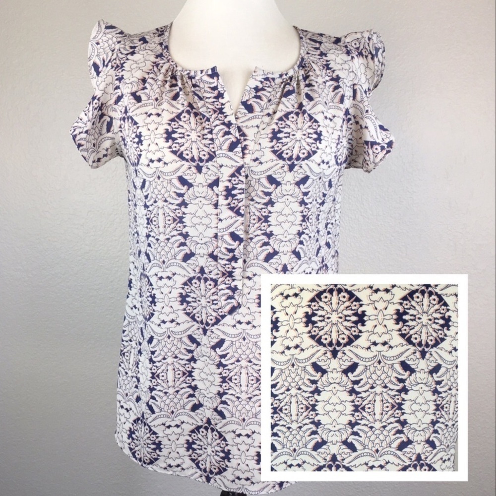 CAbi Damask Print Flutter Sleeve Blouse Size S